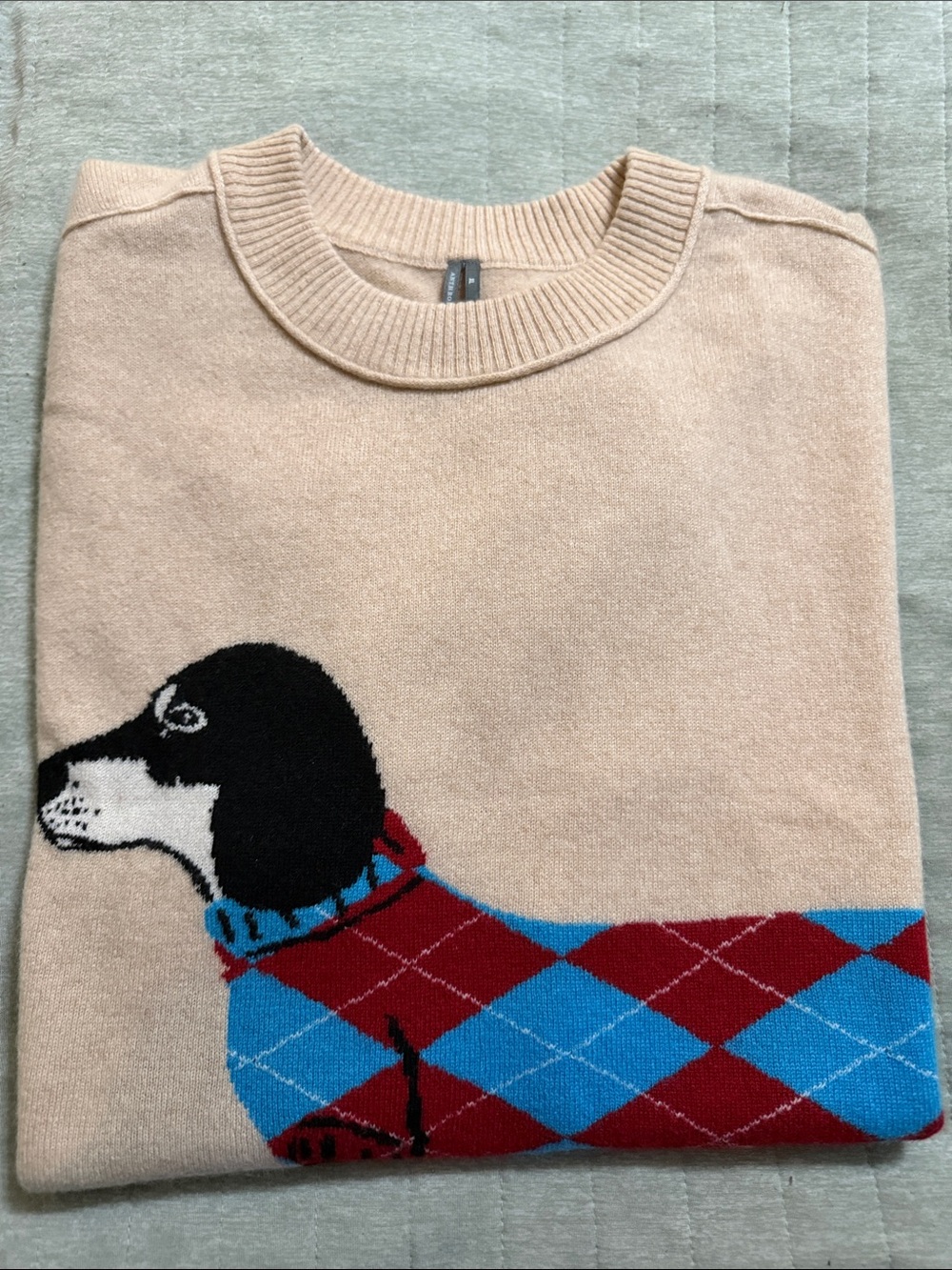 Anthropologie Beige Crewneck Sweater with Dog & Argyle Motif